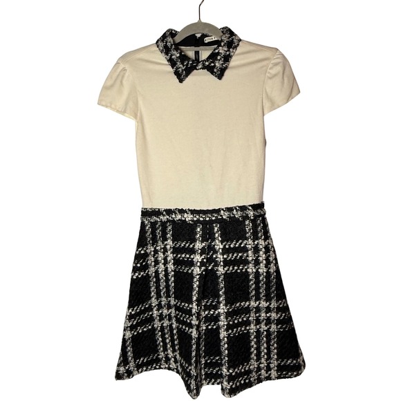 Alice + Olivia Dress Black White Plaid Tweed Collar Short Sleeve Party Career - Picture 2 of 10